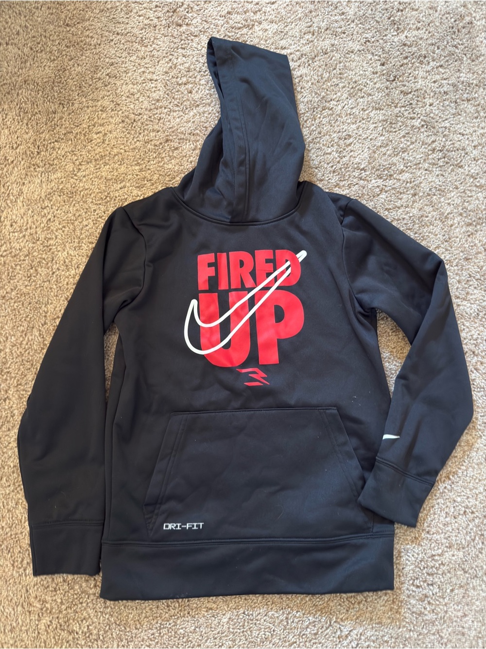 Nike Boys Black Hoodie with Red "Fired Up" Graphic and White Swoosh